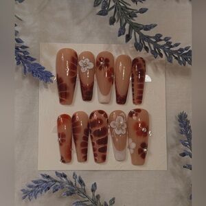 Brown Cream & burnt orange Press-On Nails with Floral Design